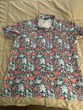 NWT Travis Mathew Coral & Light Blue Floral Short-Sleeve Polo